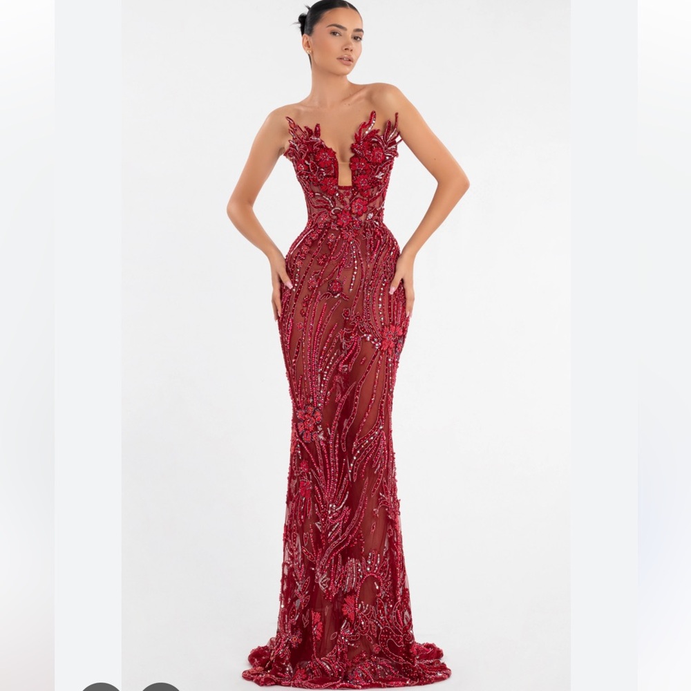 Albina Dyla red handmade hand beaded Gown Enchanting Vixen